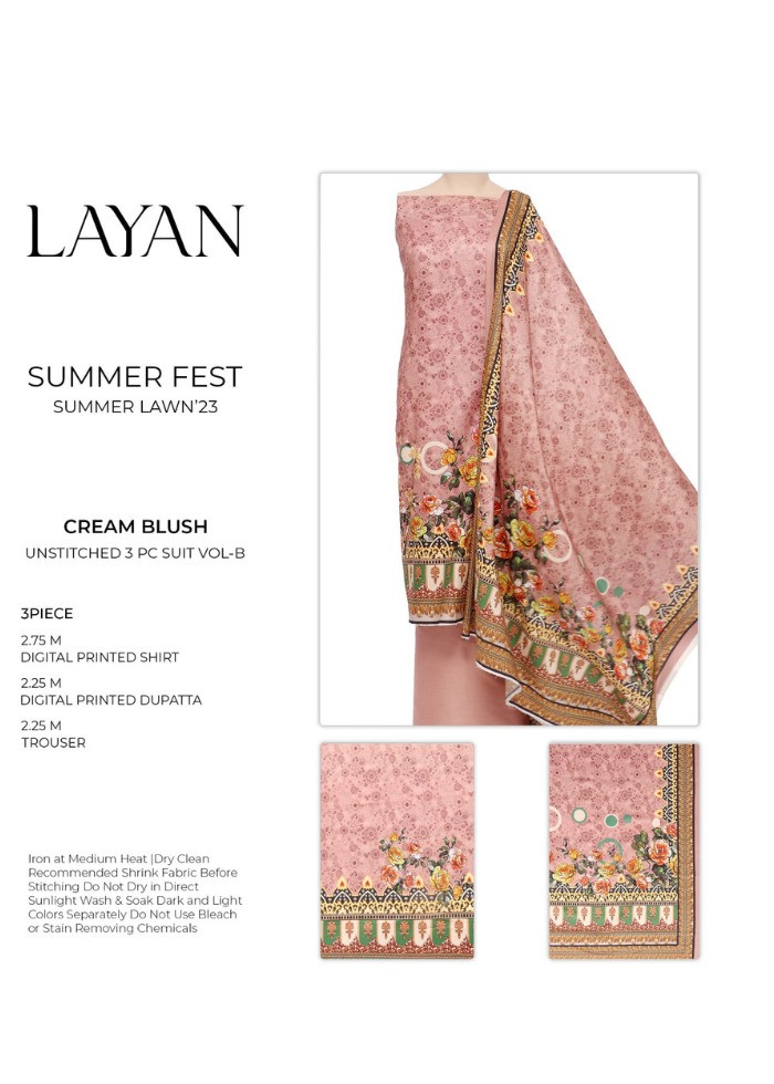 Layan | 3PC Unstitched Lawn | Cream Blush