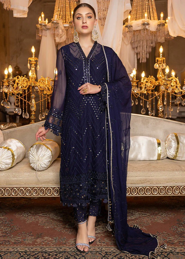 Navy Blue – Embroidered Chiffon Unstitched 3Pc Suit - Unstitched
