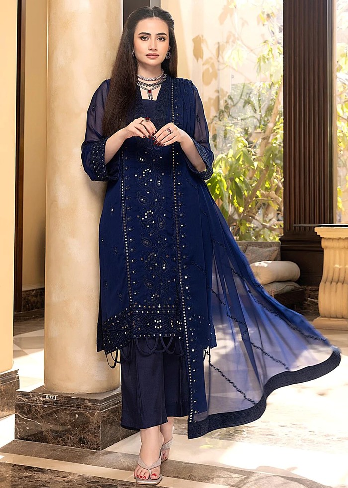 Midnight Blue – Embroidered Chiffon Unstitched 3Pc Suit - Unstitched