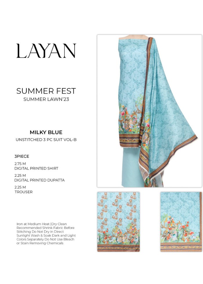 Layan | 3PC Unstitched Lawn | Milky Blue