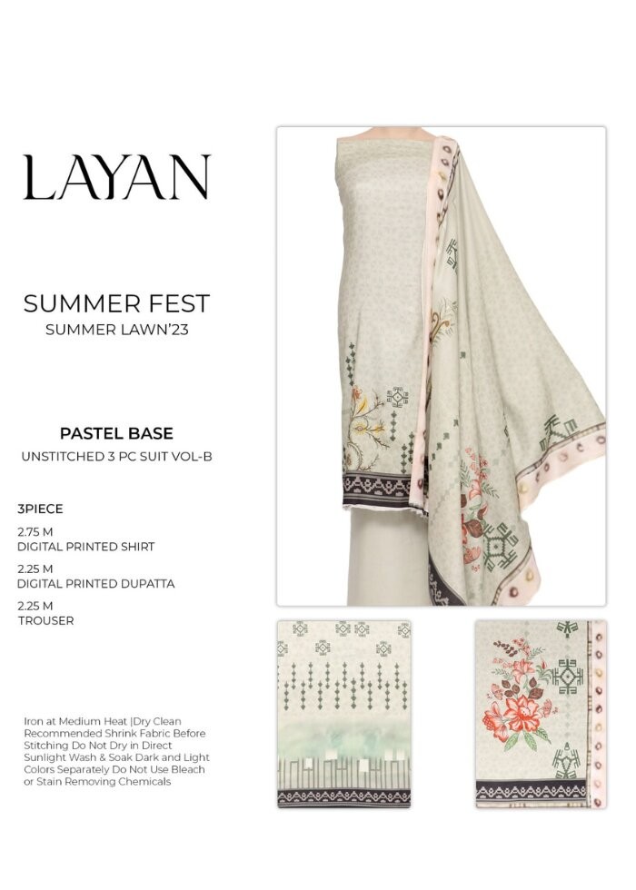 Layan | 3PC Unstitched Lawn | Pastel Base